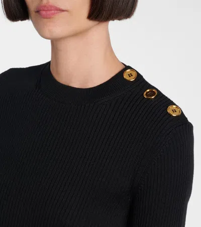 Patou Ribbed Sweater With Ruffled Hem In Wool And Faille In Black