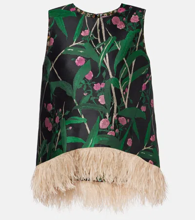 La Doublej Icon La Scala Feather-trimmed Floral-jacquard Top In Multi