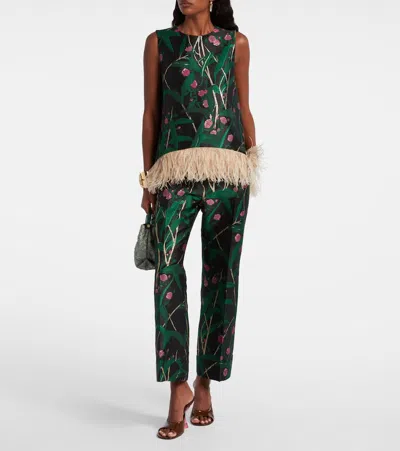 La Doublej Icon La Scala Feather-trimmed Floral-jacquard Top In Multi