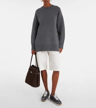 Totême Toteme Belted Suede Leather Bucket Bag In Brown