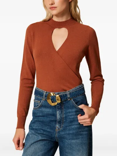 Twinset Pull Avec Ajour Et Finition Croisée In Brown