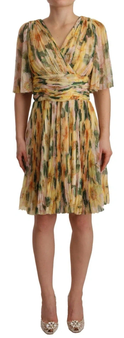 Dolce & Gabbana Yellow Floral Print Pleated Maxi Dress In Multi