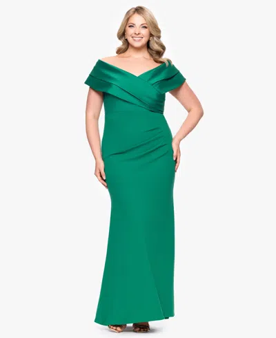Betsy & Adam Plus "yasmeen" Long Off The Shoulder Scuba Crepe Gown In Green