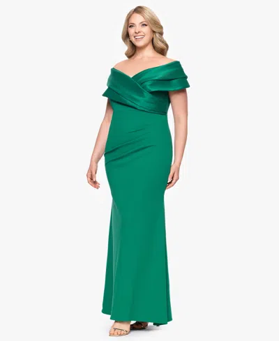 Betsy & Adam Plus "yasmeen" Long Off The Shoulder Scuba Crepe Gown In Green