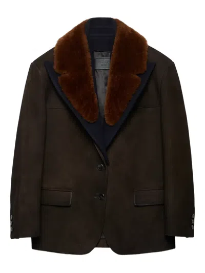 Prada Caban With Shearling Details In Brown