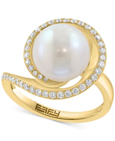 Effy Collection Effy Cultured Freshwater Pearl (10mm) & Diamond (1/4 Ct. T.w.) Swirl Statement Ring In 14k Yellow Go In Gold