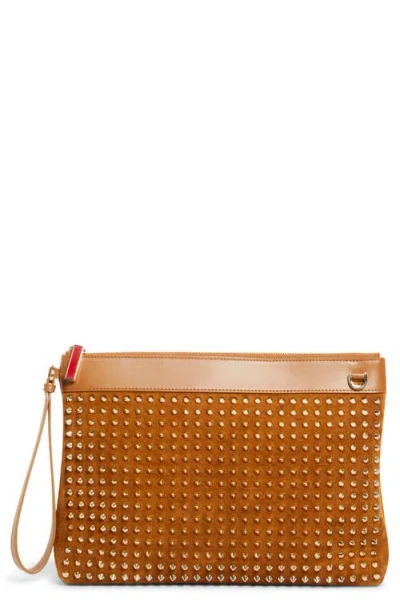 Christian Louboutin Funky Crosta Spikes Suede Wristlet In Brown