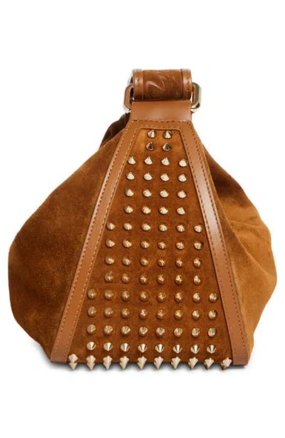 Christian Louboutin Funky Empire Spike Dopp Leather Top Handle Pouch In Brown