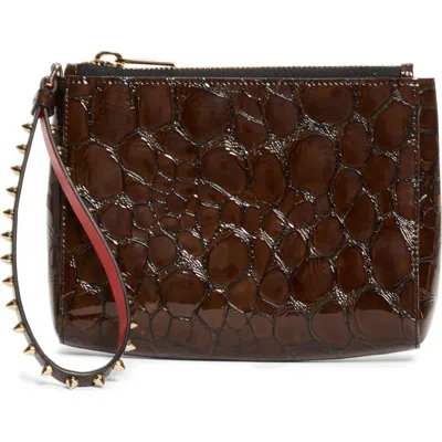 Christian Louboutin Mini Cabata Soft Croc Embossed Patent Leather Wristlet In Brown