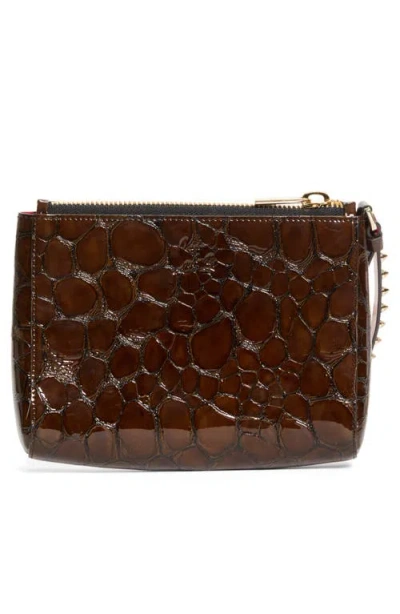 Christian Louboutin Mini Cabata Soft Croc Embossed Patent Leather Wristlet In Brown