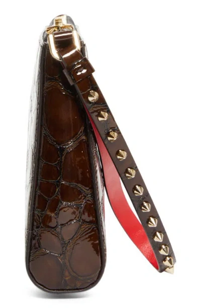 Christian Louboutin Mini Cabata Soft Croc Embossed Patent Leather Wristlet In Brown