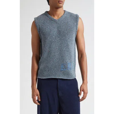 Erl Sleeveless V Neck Knit Vest With Texture In Blue