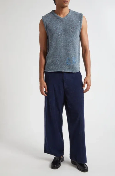 Erl Sleeveless V Neck Knit Vest With Texture In Blue