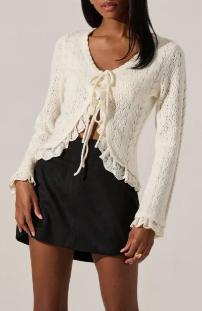 Astr Lacey Pointelle Tie-front Cardigan In Cream In White