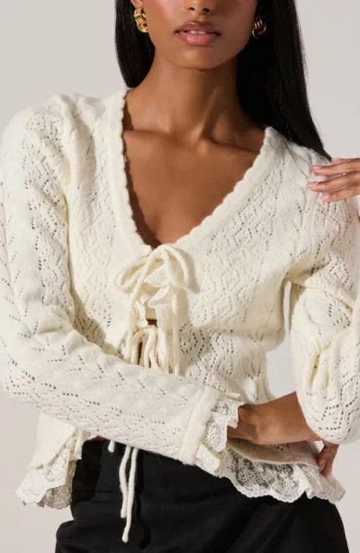 Astr Lacey Pointelle Tie-front Cardigan In Cream In White