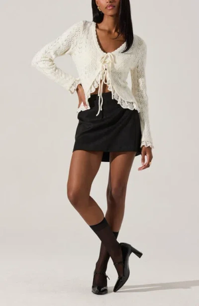 Astr Lacey Pointelle Tie-front Cardigan In Cream In White