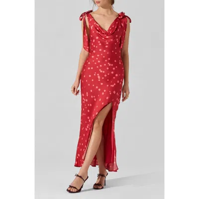 Astr Allexina Satin Cowl Neck Midi Dress In Red Polka Dot In Red