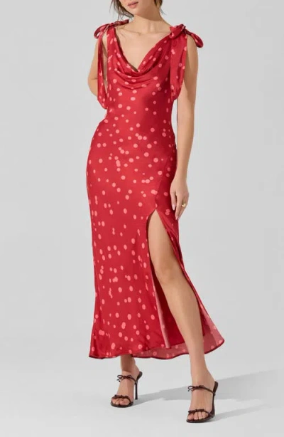 Astr Allexina Satin Cowl Neck Midi Dress In Red Polka Dot In Red