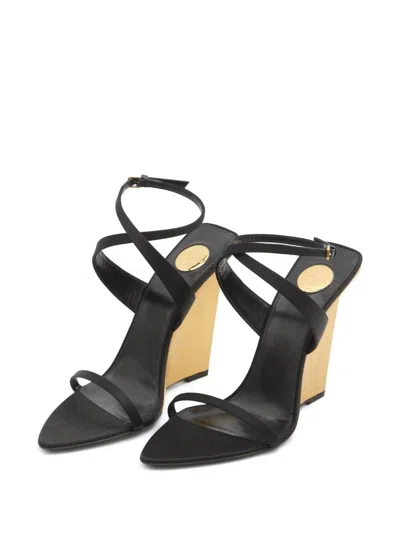 Saint Laurent Black Wedges With Criss-crossed Ankle Strap In Viscose And Silk Blend Woman In Multi