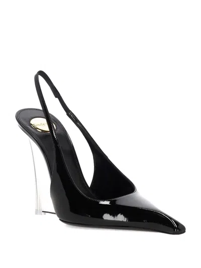 Saint Laurent Pointed Toe Glazed Leather Wedges With Transparent Heel In Black