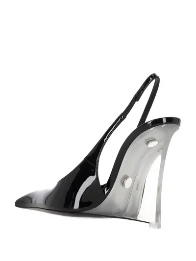 Saint Laurent Pointed Toe Glazed Leather Wedges With Transparent Heel In Black