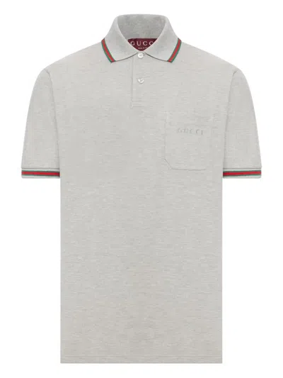 Gucci Grey Polo Shirt With Web Details And Logo Lettering On The Front In Wool Blend Man In White