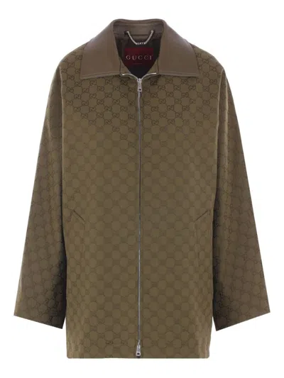 Gucci Gg Monogram Leather-trimmed Oversized Jacket In Brown