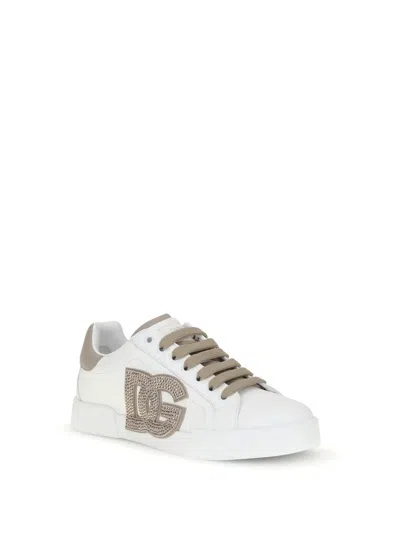 Dolce & Gabbana Black And Beige Low Top Sneakers With Logo Patch On The Side And Logo Lettering On The Tongue In Lea In White