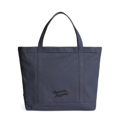 Maison Kitsuné Spacious Cotton Canvas Tote Bag With Embroidered Logo In Gray