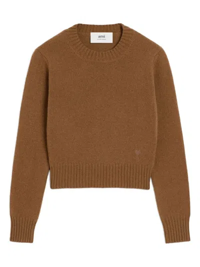 Ami Alexandre Mattiussi Cropped Brown Cashmere Blend Sweater With Heart Detail