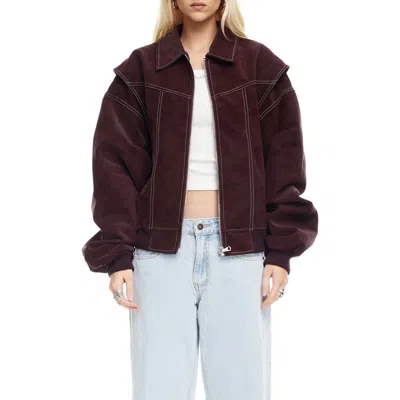 Lioness Exclusive Vista Leather Look Contrast Stitch Bomber Jacket In Red