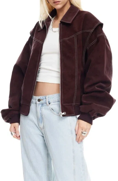 Lioness Exclusive Vista Leather Look Contrast Stitch Bomber Jacket In Red