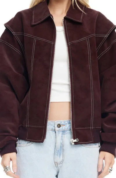 Lioness Exclusive Vista Leather Look Contrast Stitch Bomber Jacket In Red