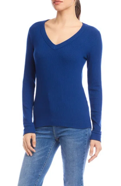 Karen Kane Ribbed V Neck Top In Blue