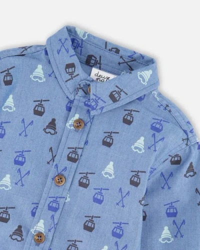 Deux Par Deux Long Sleeve Button Front Chambray Shirt In Blue