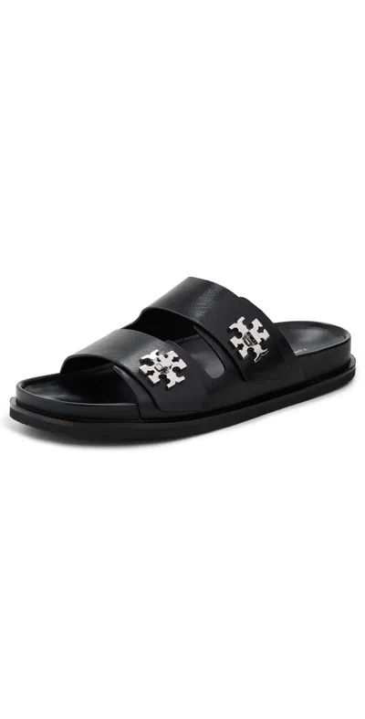 Tory Burch Double Strap Leather Flat Sandals In Black