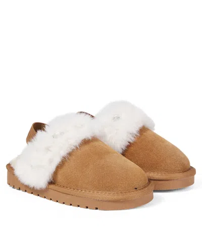 Monnalisa Slippers Aus Veloursleder Mit Faux Fur In Brown