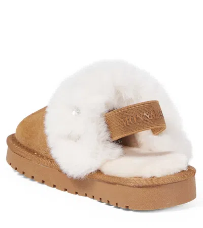 Monnalisa Slippers Aus Veloursleder Mit Faux Fur In Brown