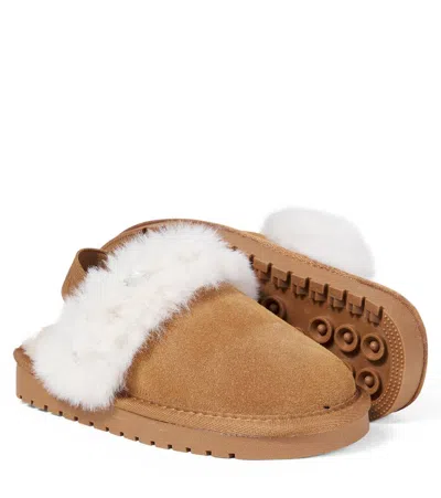 Monnalisa Slippers Aus Veloursleder Mit Faux Fur In Brown