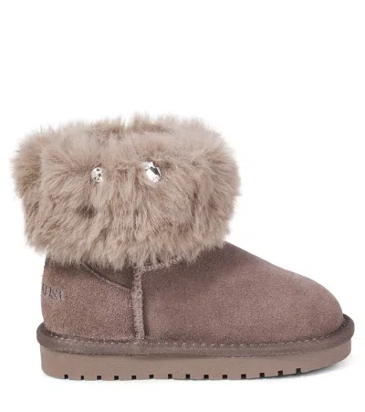 Monnalisa Ankle Boots Aus Veloursleder Mit Faux Fur In Brown