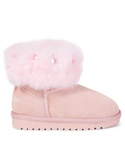Monnalisa Ankle Boots Aus Veloursleder Mit Faux Fur In Pink