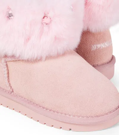 Monnalisa Ankle Boots Aus Veloursleder Mit Faux Fur In Pink