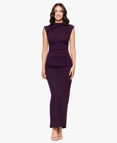 Betsy & Adam "katalina" Scuba Crepe Cap Sleeve Mock Neck Floor Length Dress In Purple