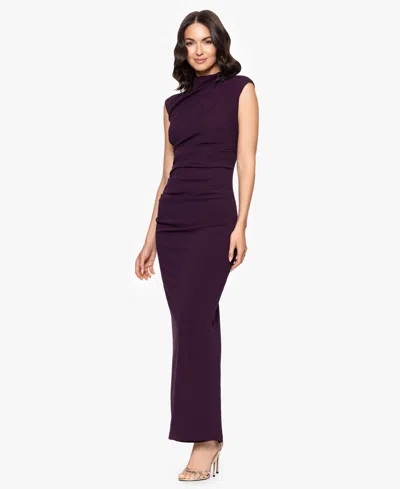 Betsy & Adam "katalina" Scuba Crepe Cap Sleeve Mock Neck Floor Length Dress In Purple