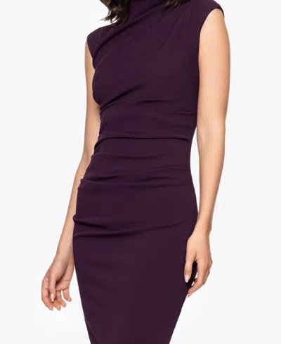 Betsy & Adam "katalina" Scuba Crepe Cap Sleeve Mock Neck Floor Length Dress In Purple
