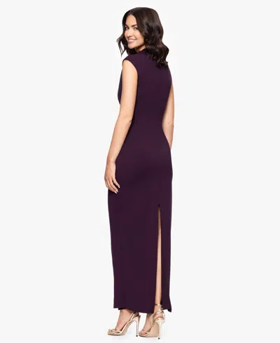 Betsy & Adam "katalina" Scuba Crepe Cap Sleeve Mock Neck Floor Length Dress In Purple