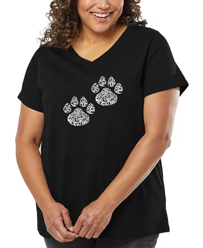 La Pop Art Plus Size Woof Paw Prints Word Art V-neck T-shirt In Black