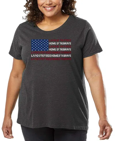 La Pop Art Plus Size Land Of The Free American Flag Word Art T-shirt In Gray