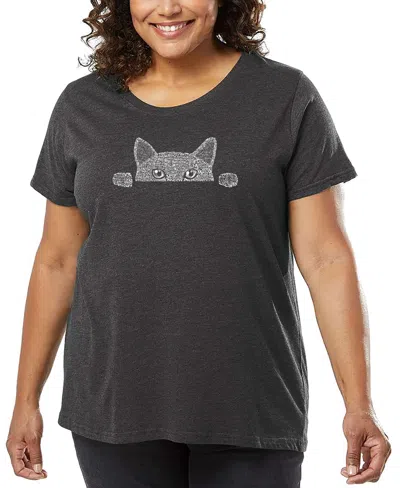 La Pop Art Plus Size Peeking Cat Word Art T-shirt In Gray