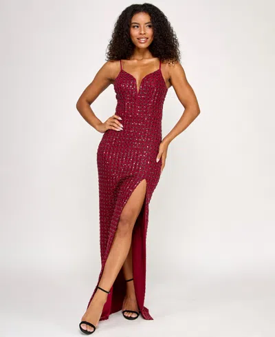 Seni & Cade Juniors' Sequin Power Mesh Gown In Burgundy